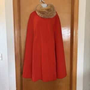 Rare Vintage 60s/70s CHETWILL Maxi Cape – Poppy Red with Faux Fur Funnel Collar